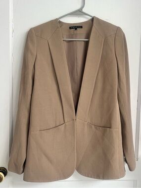 Theory open-front virgin wool capsule wardrobe blazer neutral beige $495 Size 6